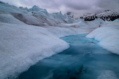 Scenic view of snowcapped mountain against cloudy sky