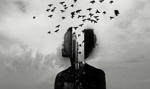 Multiple exposure of person and birds flying against cloudy sky