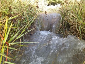 High angle view of water flowing in river