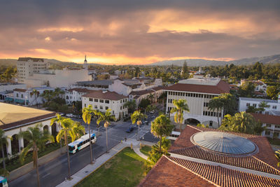 High angle view of townscape against sky during sunset
