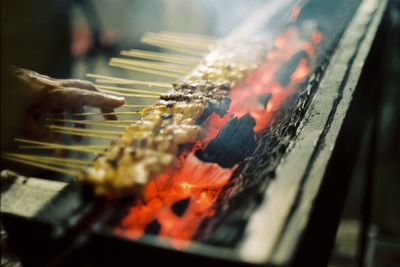 Cropped hand of person holding food in skewer over barbecue grill