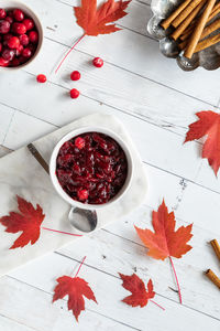 Top down view of a bowl of homemade cranberry sauce surrounded by maple leaves.