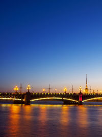 Illuminated bridge over river against sky at dusk