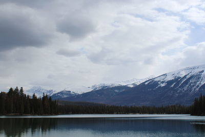 Scenic view of lake and snowcapped mountains against sky