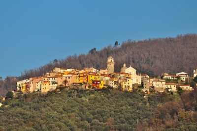 Buildings against clear blue sky