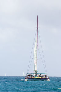 Sailboat sailing on sea against sky