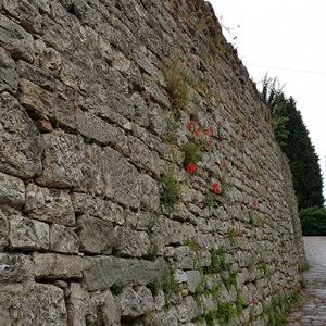 Low angle view of stone wall against sky