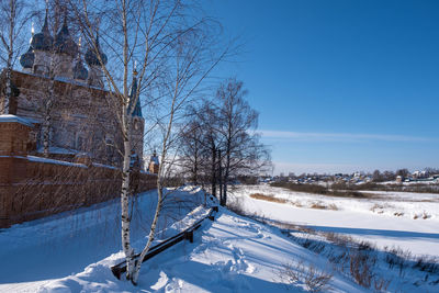 Snow covered land and trees against sky