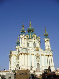 Low angle view of cathedral against clear blue sky