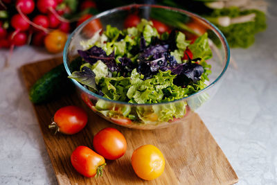 High angle view of food in bowl on table