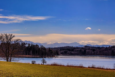 Scenic view of lake against sky during sunset