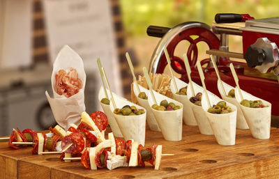 Close-up of served food on table