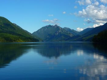 Scenic view of lake and mountains against sky