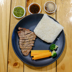 High angle view of meal served on table