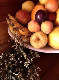 High angle view of apples in bowl on table