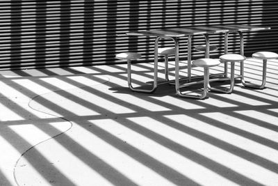 Shadow of railing on floor in city on sunny day