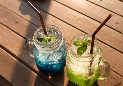 High angle view of drinks on table