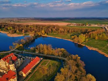 High angle view of lake against sky during autumn