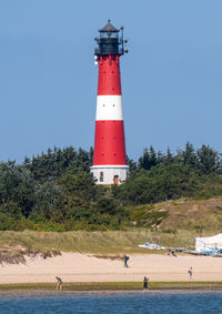Lighthouse by sea against clear sky