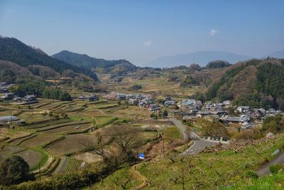 High angle view of agricultural field against sky
