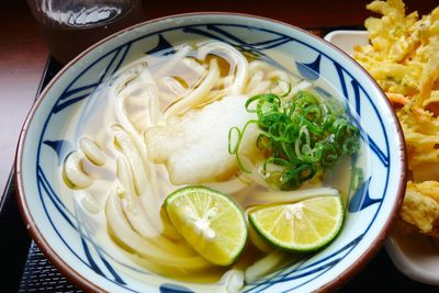 Close-up of udon noodles in bowl