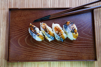 High angle view of sushi in plate on table