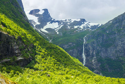 Falls in mountains of norway in rainy weather. waterfall in mountains of norway.