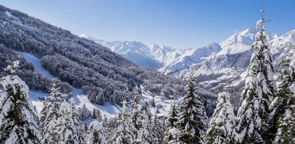 Scenic view of snowcapped mountains against sky