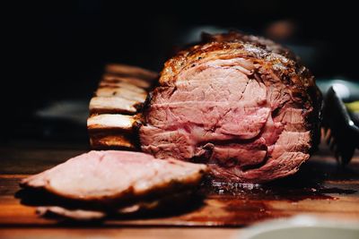 Close-up of roasted beef on table