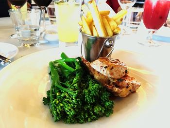 Close-up of food served on table