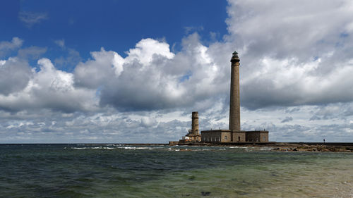 Lighthouse by sea against sky