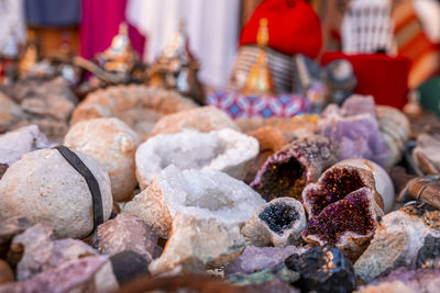 Close up of assortment of minerals for sale at flea market