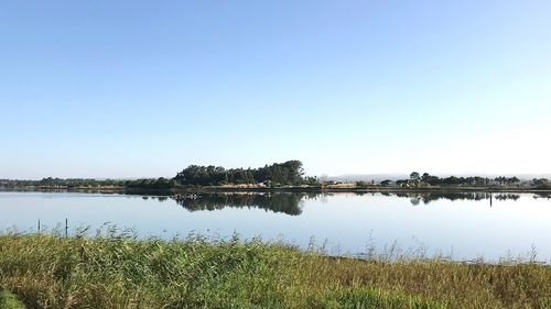 Scenic view of lake against clear sky