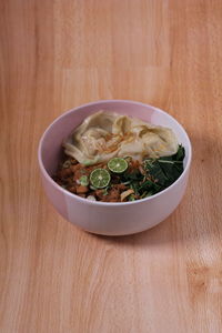 High angle view of food in bowl on table