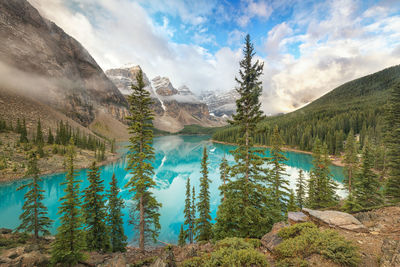 Scenic view of lake amidst mountains against sky