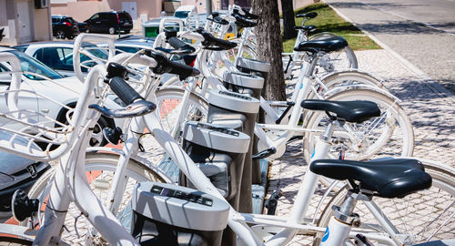 High angle view of bicycles in parking lot