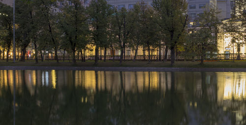 Scenic view of lake by trees in city