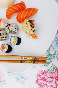 High angle view of sushi in plate on table