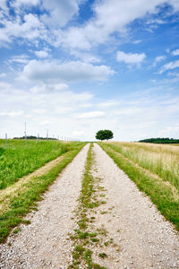 Empty road amidst field against sky