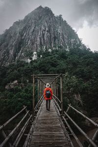 Rear view of person on footbridge against mountains