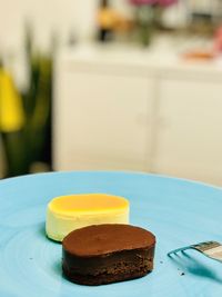 Close-up of cake served on table