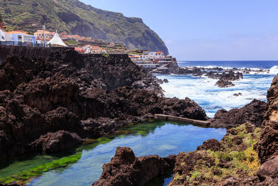  panoramic view of pool rocks against the sky