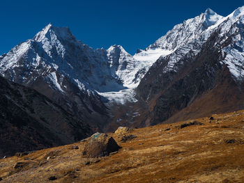 Scenic view of snowcapped mountains against clear sky