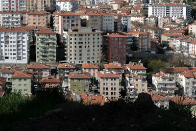 High angle view of buildings in city