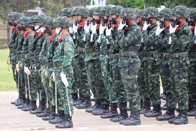 Low section of soldiers standing on street