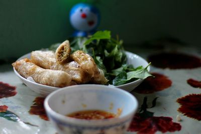 Close-up of breakfast served on table