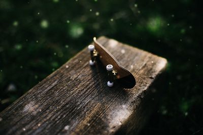 High angle view of chain on wooden table