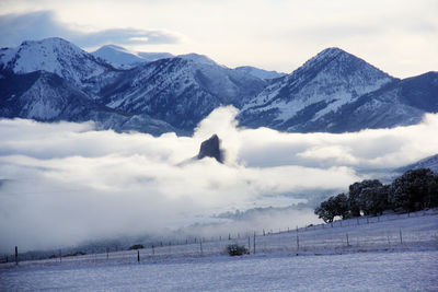 Scenic view of snow covered mountains against sky