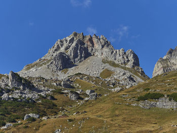 Low angle view of rock formation against sky