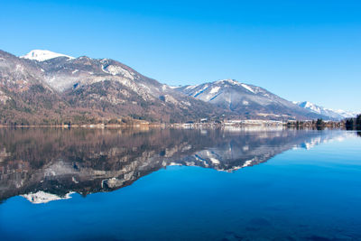 Scenic view of lake and mountains against blue sky